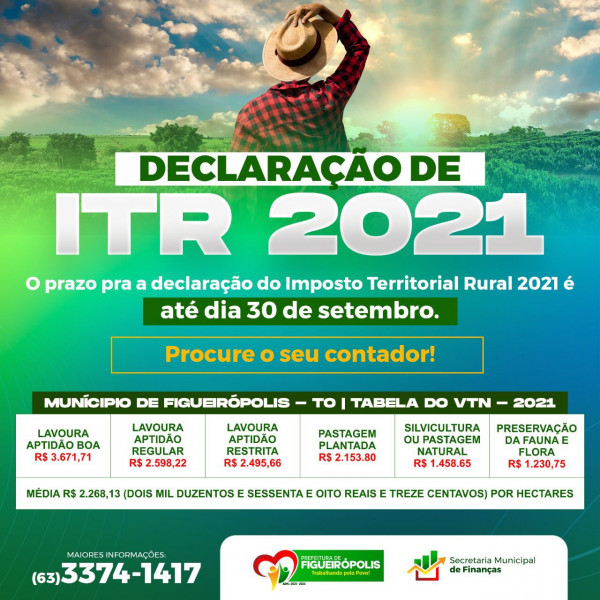 IMPOSTO TERRITORIAL RURAL- ITR -  PRAZO FINAL DIA 30 DE SETEMBRO DE 2021.
