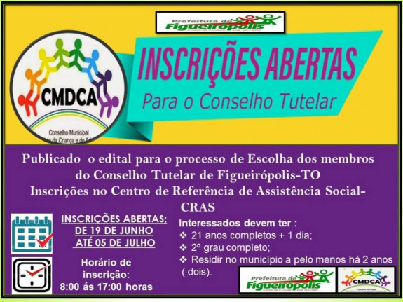 Abertas as Inscrições para concorrer a vagas no Conselho Tutelar no Município de Figueirópolis-TO.