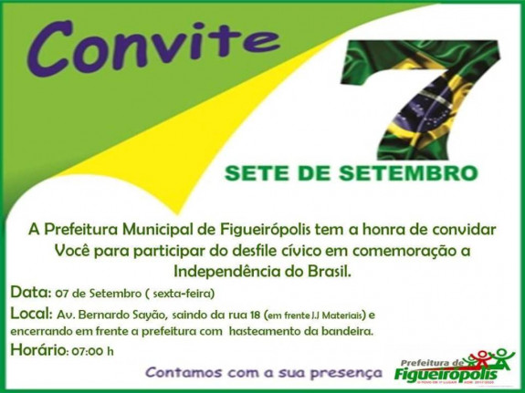 Convite e Desfile Cívico alusivo ao dia 07 de Setembro.

Aconteceu no dia 07 de Setembro de 2018, no município de Figueirópolis-TO